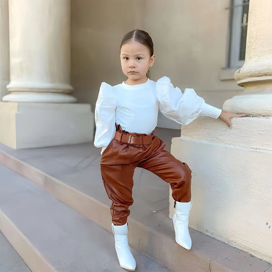 Long Puff Sleeve Ribbed Blouse Tops+PU Leather Pants