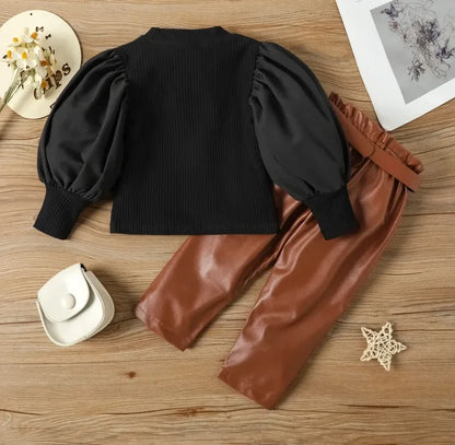 Long Puff Sleeve Ribbed Blouse Tops+PU Leather Pants