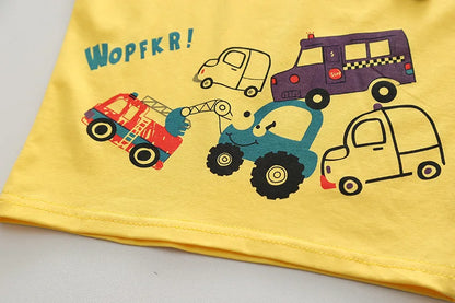 Kids 2PCS Summer Set – Cartoon Car Cotton T-Shirt & Denim Shorts for Boys & Girls