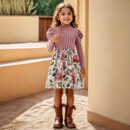 Girls Floral Print Long Sleeve Dress – Puff Sleeve Casual Skirt for Kids