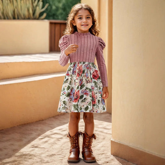 Girls Floral Print Long Sleeve Dress – Puff Sleeve Casual Skirt for Kids