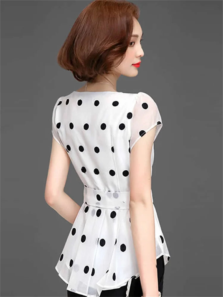 Women’s Summer Chiffon Blouse – Short Sleeve O-Neck Polka Dot Casual Top