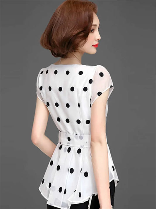 Women’s Summer Chiffon Blouse – Short Sleeve O-Neck Polka Dot Casual Top