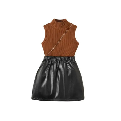 Fashion Girl Sleeveless T-shirt Leather Skirt