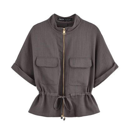 Short Sleeve Coat & High Waist Trousers Casual Outfit
