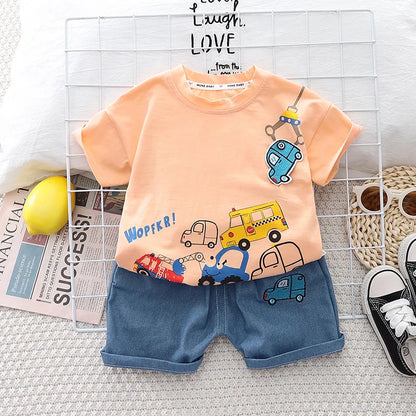 Kids 2PCS Summer Set – Cartoon Car Cotton T-Shirt & Denim Shorts for Boys & Girls