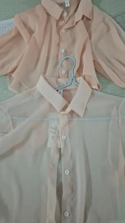 Elegant Chiffon Blouse – Loose Tie Waist, Half Bat Sleeve, Summer Button