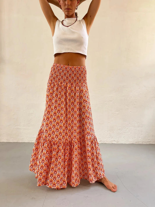 Women’s Boho Maxi Skirt – Floral Print Elastic Waist