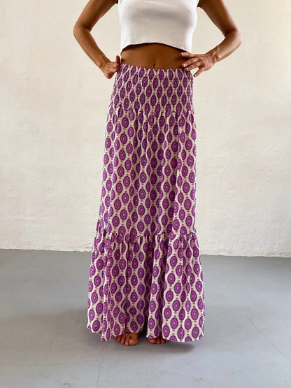 Women’s Boho Maxi Skirt – Floral Print Elastic Waist