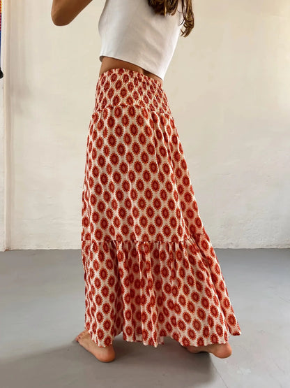 Women’s Boho Maxi Skirt – Floral Print Elastic Waist