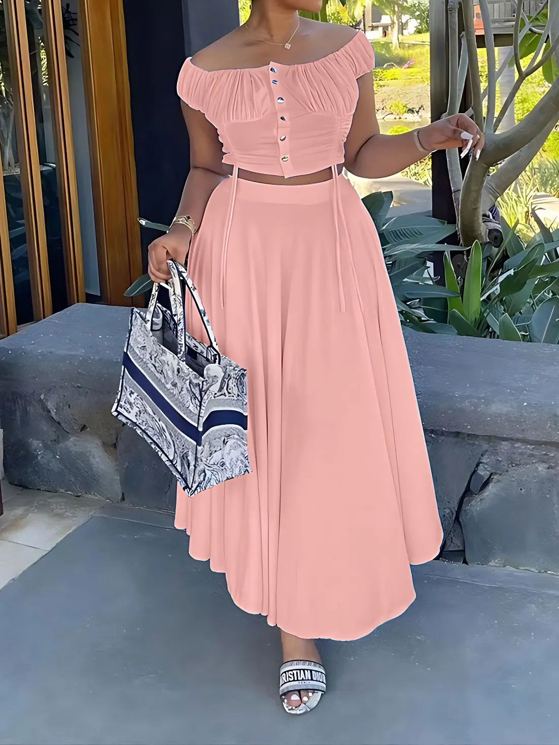 Off Shoulder Crop Top & Long Skirt Set