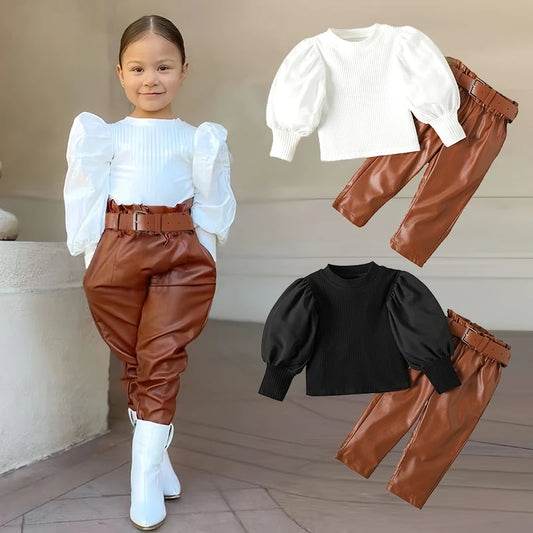 Long Puff Sleeve Ribbed Blouse Tops+PU Leather Pants
