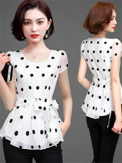 Women’s Summer Chiffon Blouse – Short Sleeve O-Neck Polka Dot Casual Top