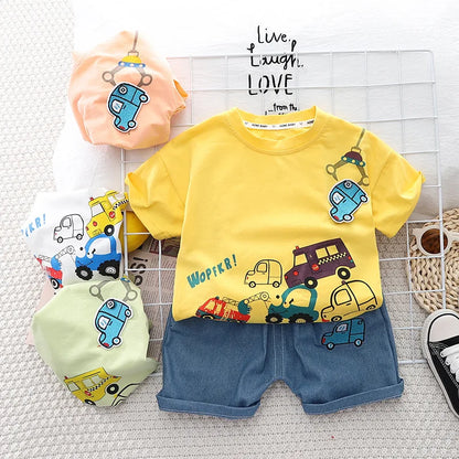 Kids 2PCS Summer Set – Cartoon Car Cotton T-Shirt & Denim Shorts for Boys & Girls