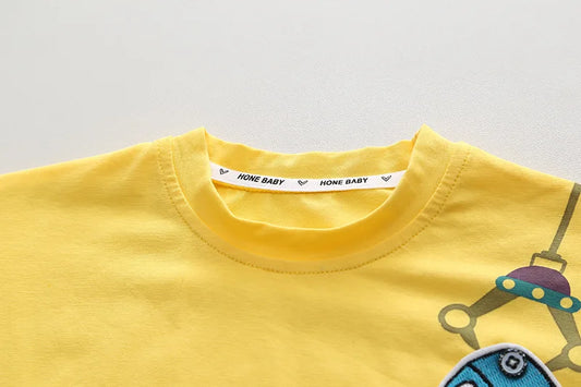 Kids 2PCS Summer Set – Cartoon Car Cotton T-Shirt & Denim Shorts for Boys & Girls