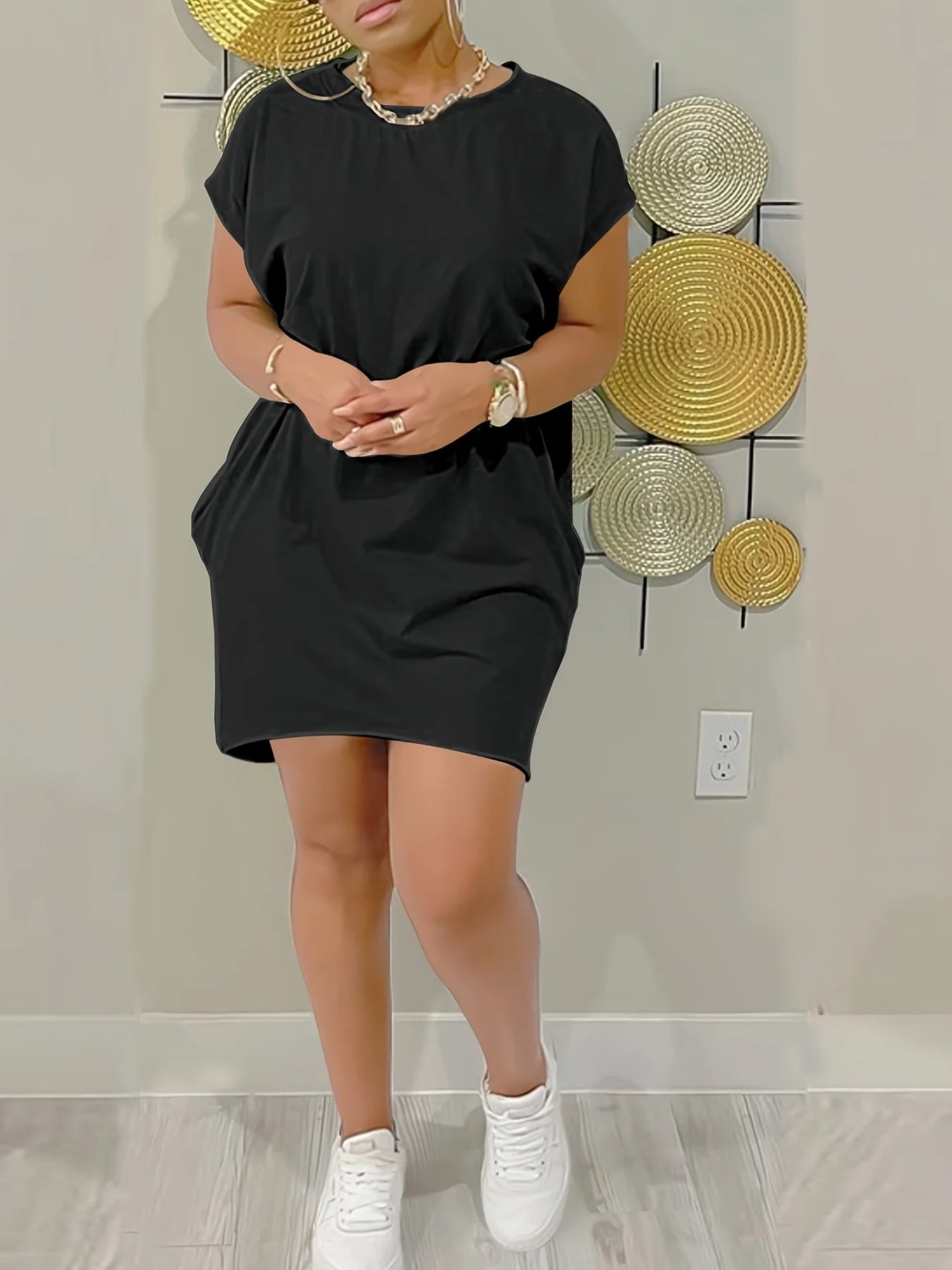 Casual Knit T-Shirt Dress – Short Sleeve Crew Neck