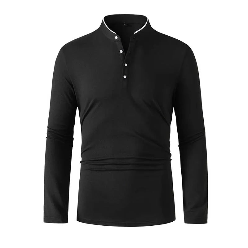 2025 New Men's Casual and Fashionable Solid Color Long Sleeved Stand Up Collar T-shirt Summer Versatile and Comfortable Top