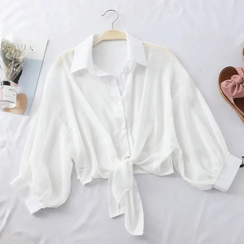 Elegant Chiffon Blouse – Loose Tie Waist, Half Bat Sleeve, Summer Button