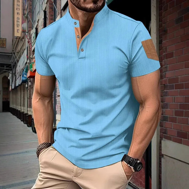 Men’s Summer Henley T-Shirt – Short Sleeve Solid Color
