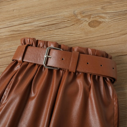 Long Puff Sleeve Ribbed Blouse Tops+PU Leather Pants