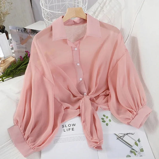 Elegant Chiffon Blouse – Loose Tie Waist, Half Bat Sleeve, Summer Button
