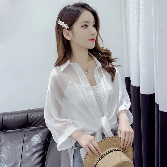 Elegant Chiffon Blouse – Loose Tie Waist, Half Bat Sleeve, Summer Button