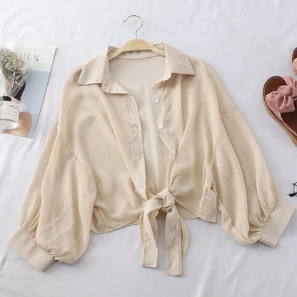 Elegant Chiffon Blouse – Loose Tie Waist, Half Bat Sleeve, Summer Button