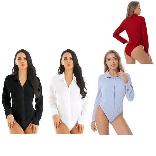 Women’s Slim White Long Sleeve Blouse – Office Work Shirt & Leotard Top