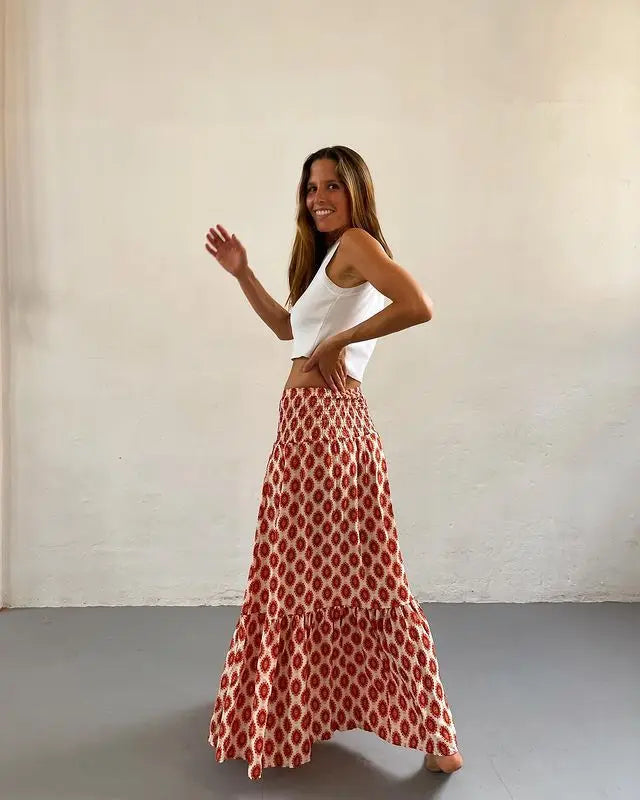 Women’s Boho Maxi Skirt – Floral Print Elastic Waist