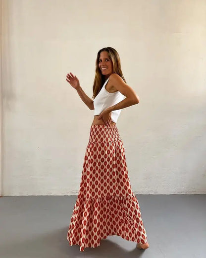 Women’s Boho Maxi Skirt – Floral Print Elastic Waist