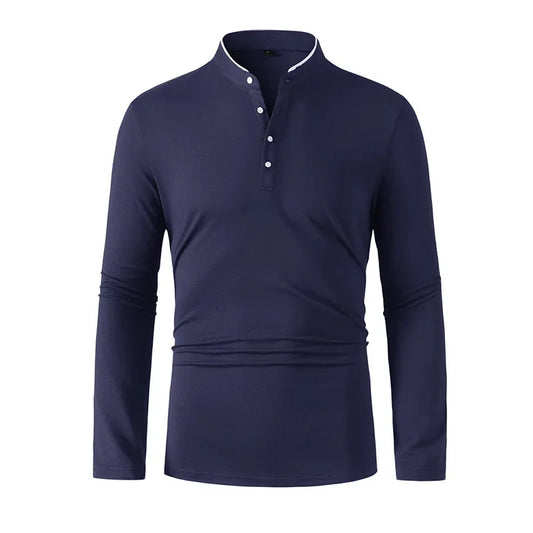 2025 New Men's Casual and Fashionable Solid Color Long Sleeved Stand Up Collar T-shirt Summer Versatile and Comfortable Top