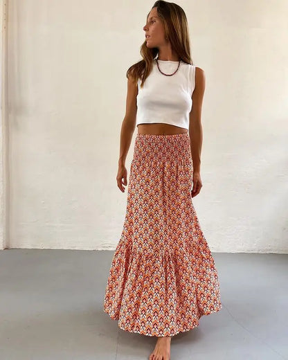 Women’s Boho Maxi Skirt – Floral Print Elastic Waist