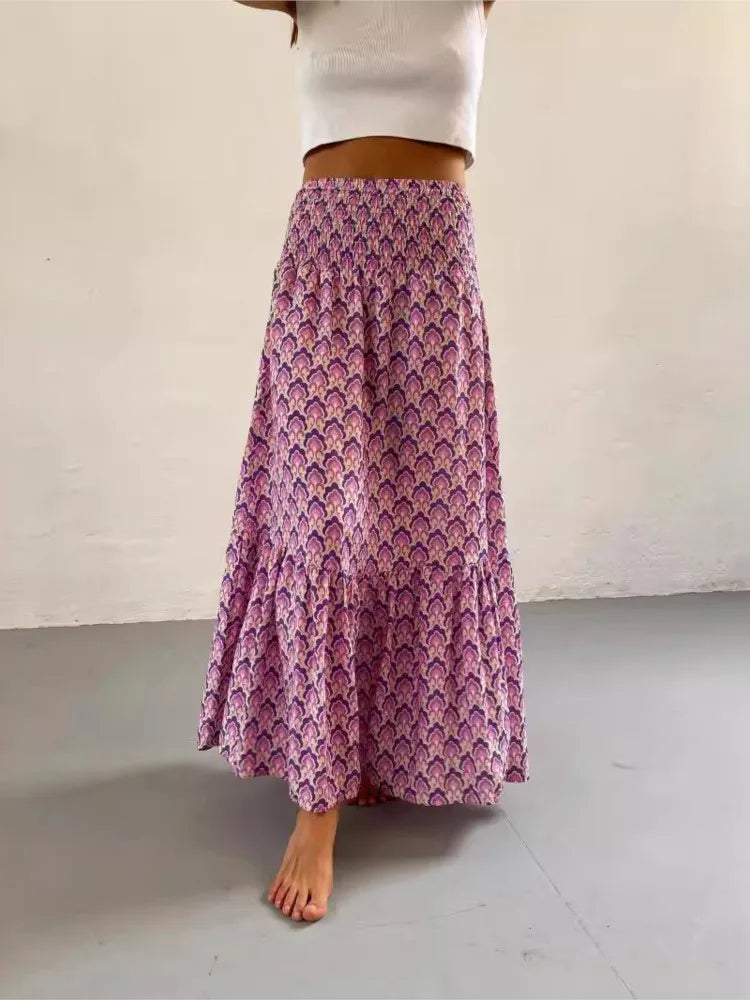 Women’s Boho Maxi Skirt – Floral Print Elastic Waist