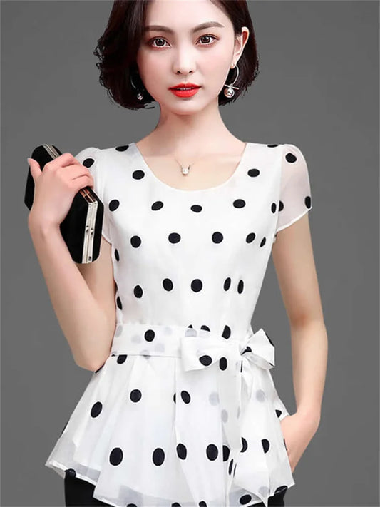Women’s Summer Chiffon Blouse – Short Sleeve O-Neck Polka Dot Casual Top