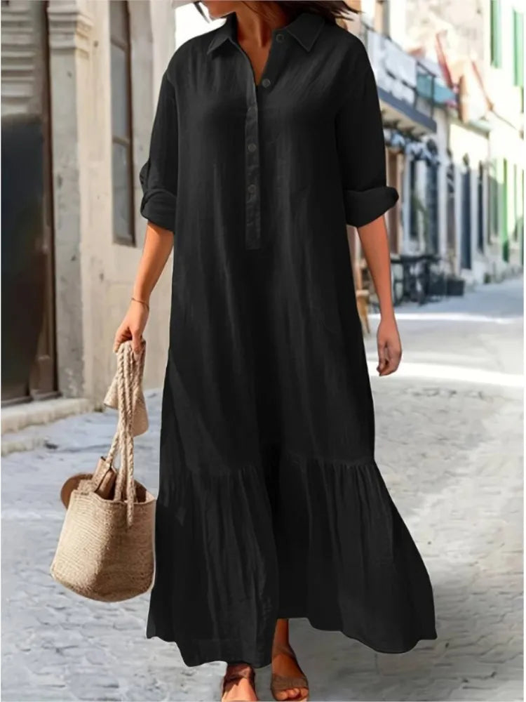 Women’s Long Sleeve Shirt Dress – Elegant Solid Color Office Wear