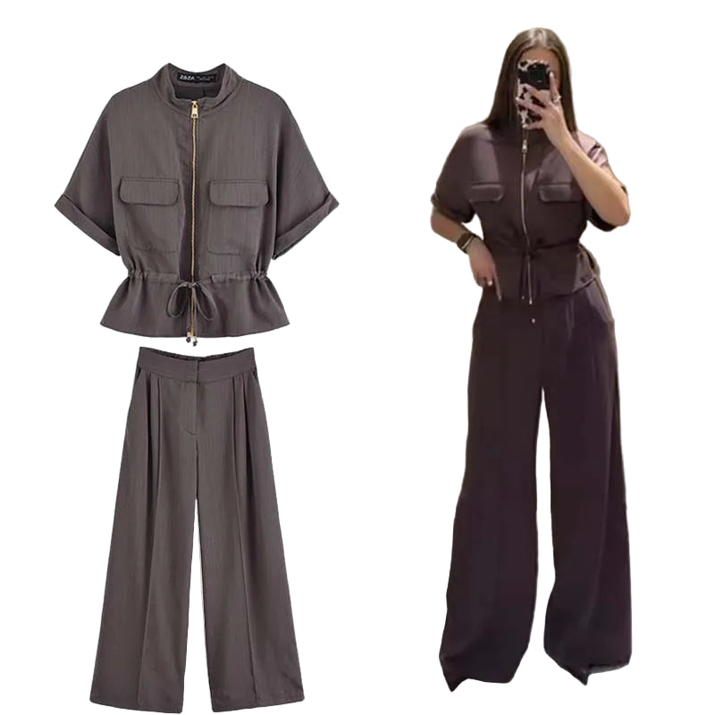 Short Sleeve Coat & High Waist Trousers Casual Outfit
