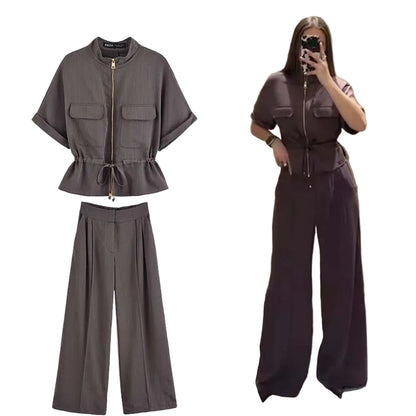 Short Sleeve Coat & High Waist Trousers Casual Outfit