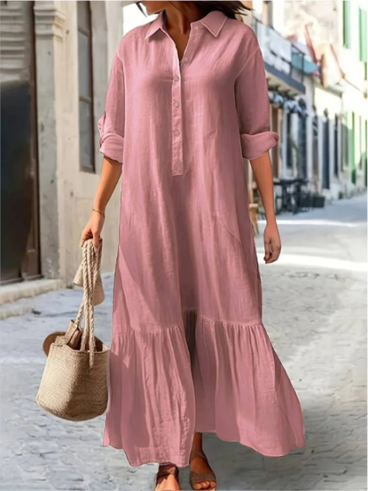 Women’s Long Sleeve Shirt Dress – Elegant Solid Color Office Wear