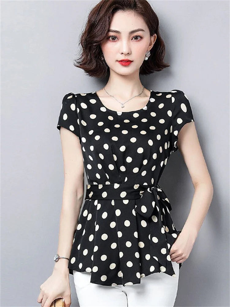 Women’s Summer Chiffon Blouse – Short Sleeve O-Neck Polka Dot Casual Top