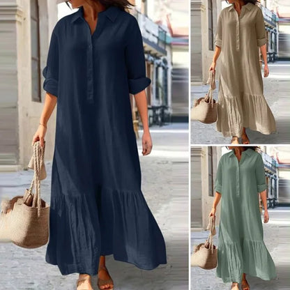 Women’s Long Sleeve Shirt Dress – Elegant Solid Color Office Wear