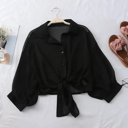 Elegant Chiffon Blouse – Loose Tie Waist, Half Bat Sleeve, Summer Button