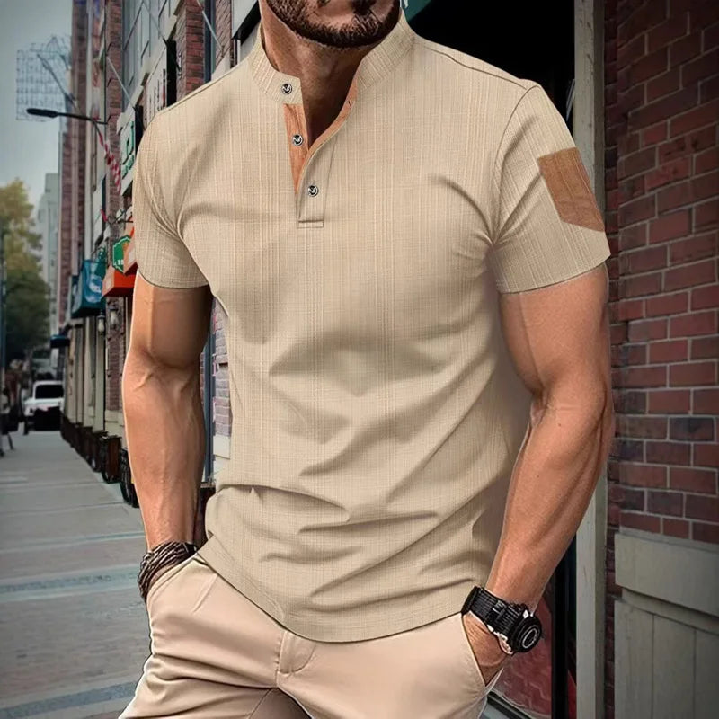 Men’s Summer Henley T-Shirt – Short Sleeve Solid Color