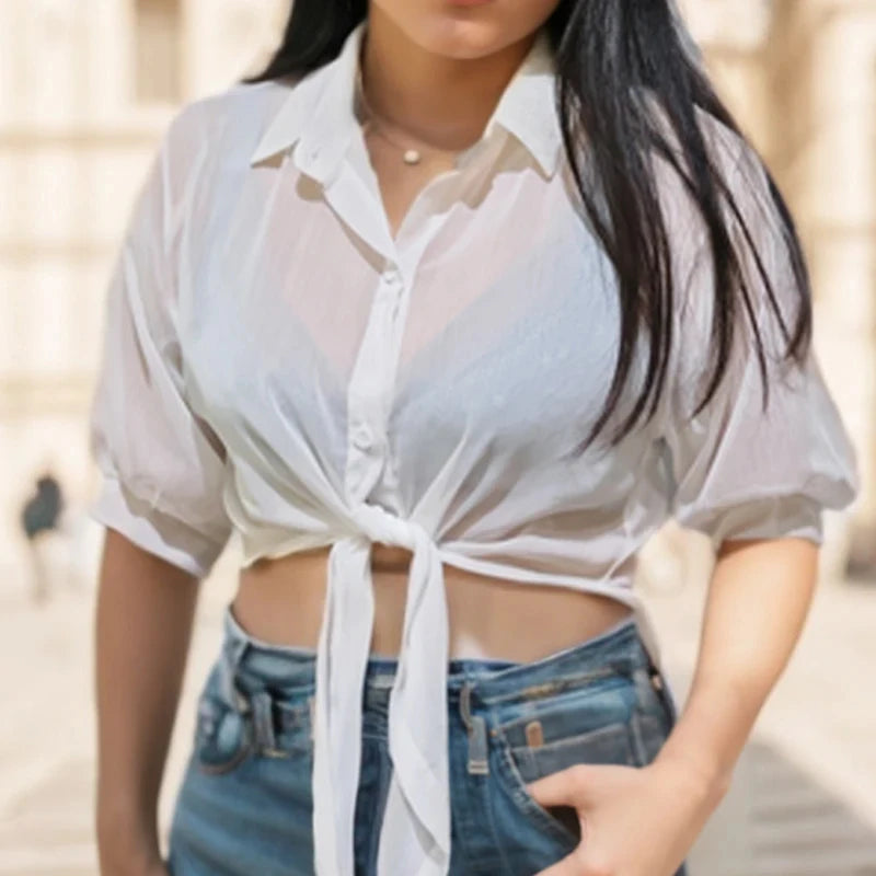 Elegant Chiffon Blouse – Loose Tie Waist, Half Bat Sleeve, Summer Button