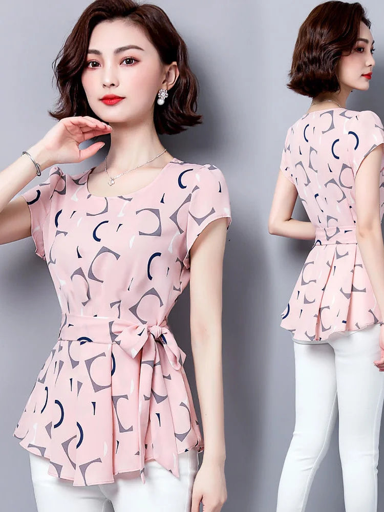 Women’s Summer Chiffon Blouse – Short Sleeve O-Neck Polka Dot Casual Top
