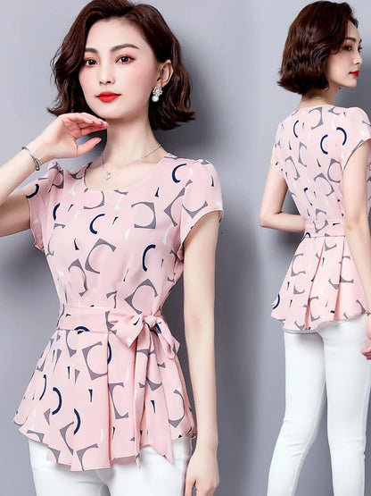Women’s Summer Chiffon Blouse – Short Sleeve O-Neck Polka Dot Casual Top