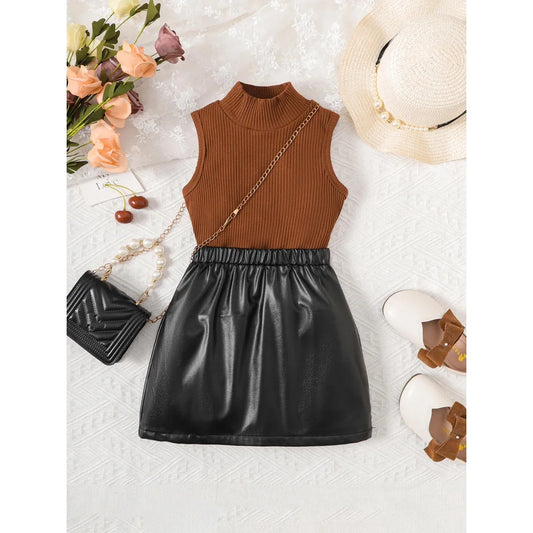 Fashion Girl Sleeveless T-shirt Leather Skirt