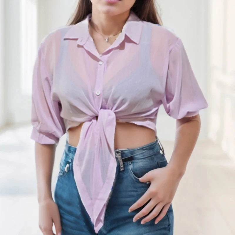 Elegant Chiffon Blouse – Loose Tie Waist, Half Bat Sleeve, Summer Button