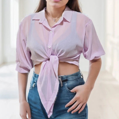 Elegant Chiffon Blouse – Loose Tie Waist, Half Bat Sleeve, Summer Button