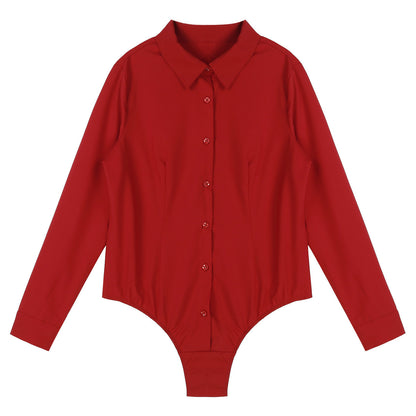 Women’s Slim White Long Sleeve Blouse – Office Work Shirt & Leotard Top