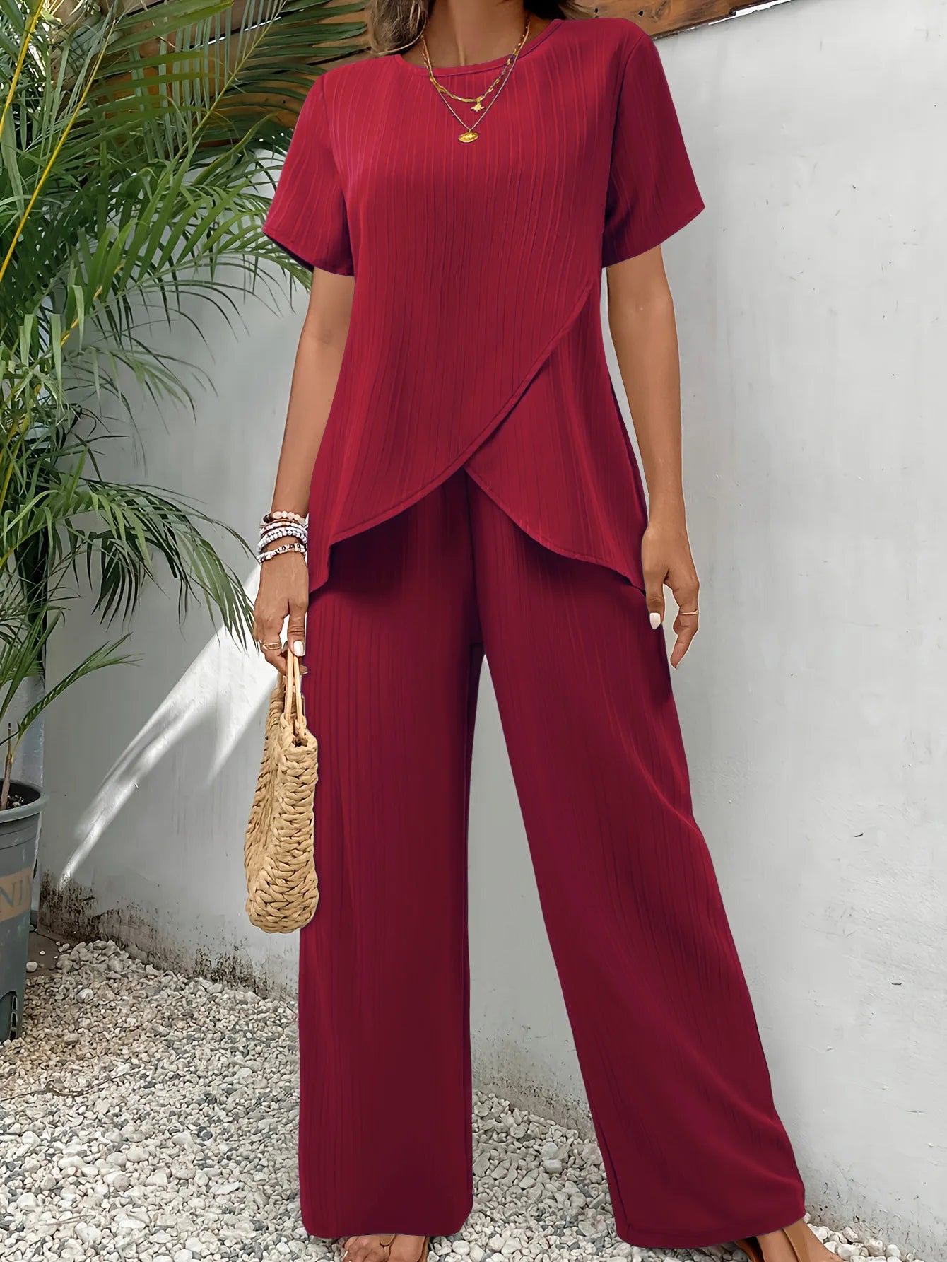 Round Neck Short Sleeve Split Top & Elastic Waist Trousers